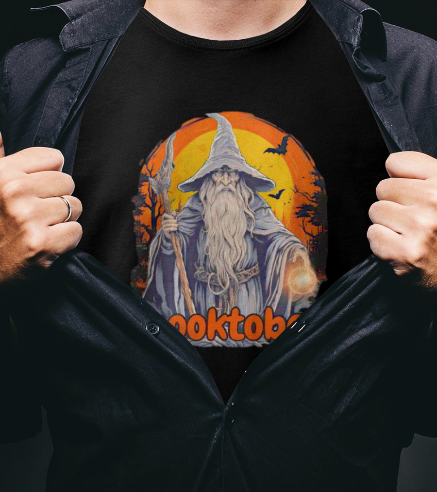 Spooktober Wizard Halloween With Wand And Orange Bats T-Shirt