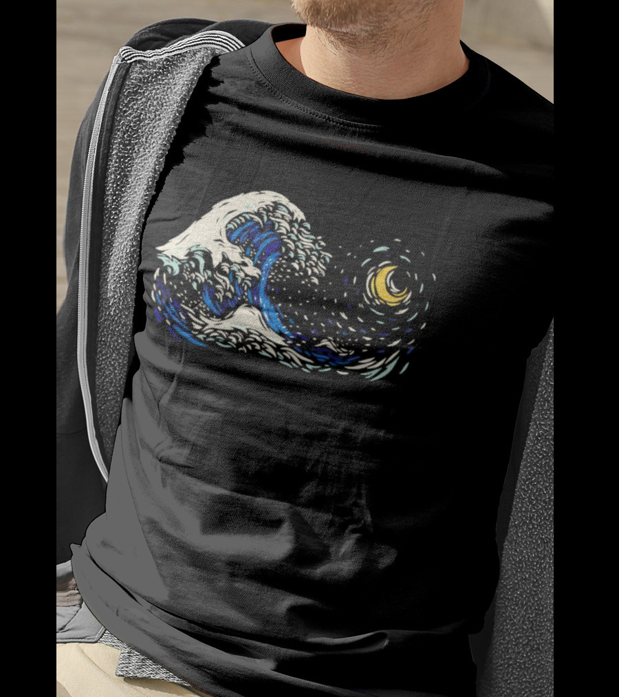 Starry Night Meets Great Wave Fusion T-Shirt
