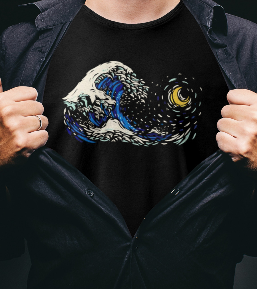 Starry Night Meets Great Wave Fusion T-Shirt