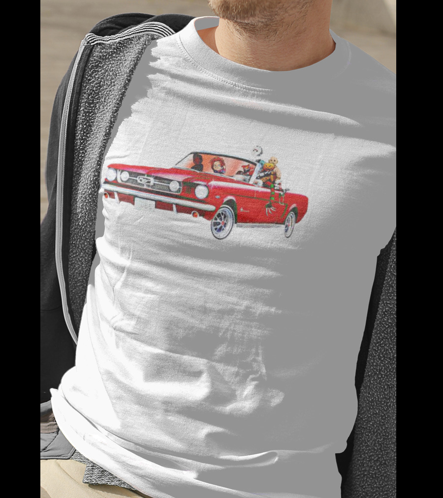 Horror Movie Icons In Red Mustang Car Driving Scene T-Shirt