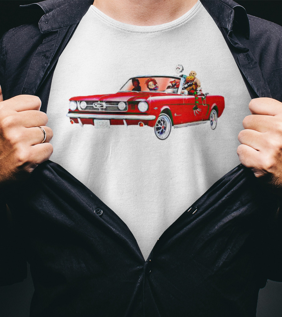 Horror Movie Icons In Red Mustang Car Driving Scene T-Shirt
