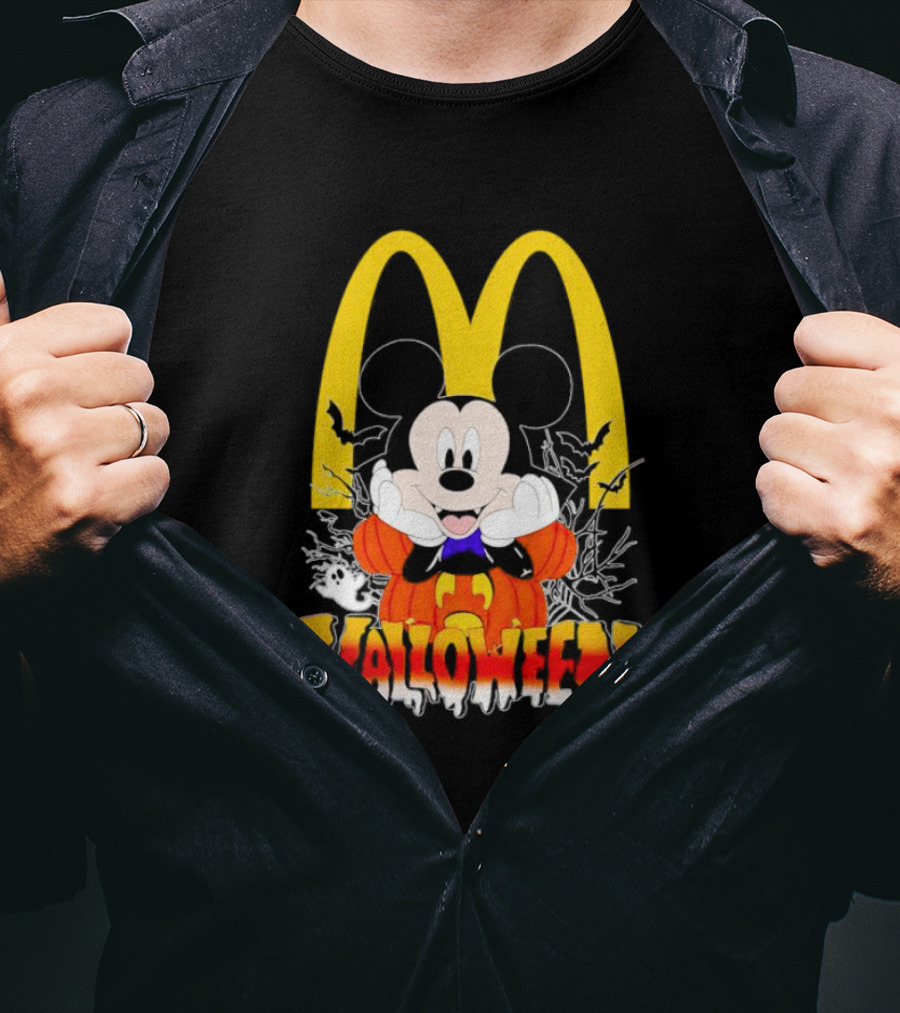 Mickey Mouse Halloween Pumpkin McDonald's Logo With Bats T-Shirt