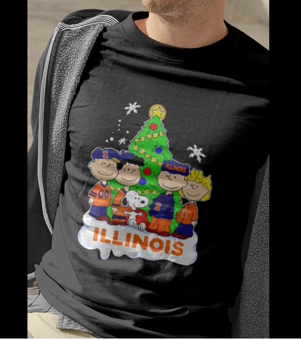 Peanuts Characters Illinois Christmas Tree With Snoopy And Festive Decorations T-Shirt