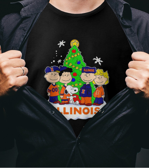Peanuts Characters Illinois Christmas Tree With Snoopy And Festive Decorations T-Shirt