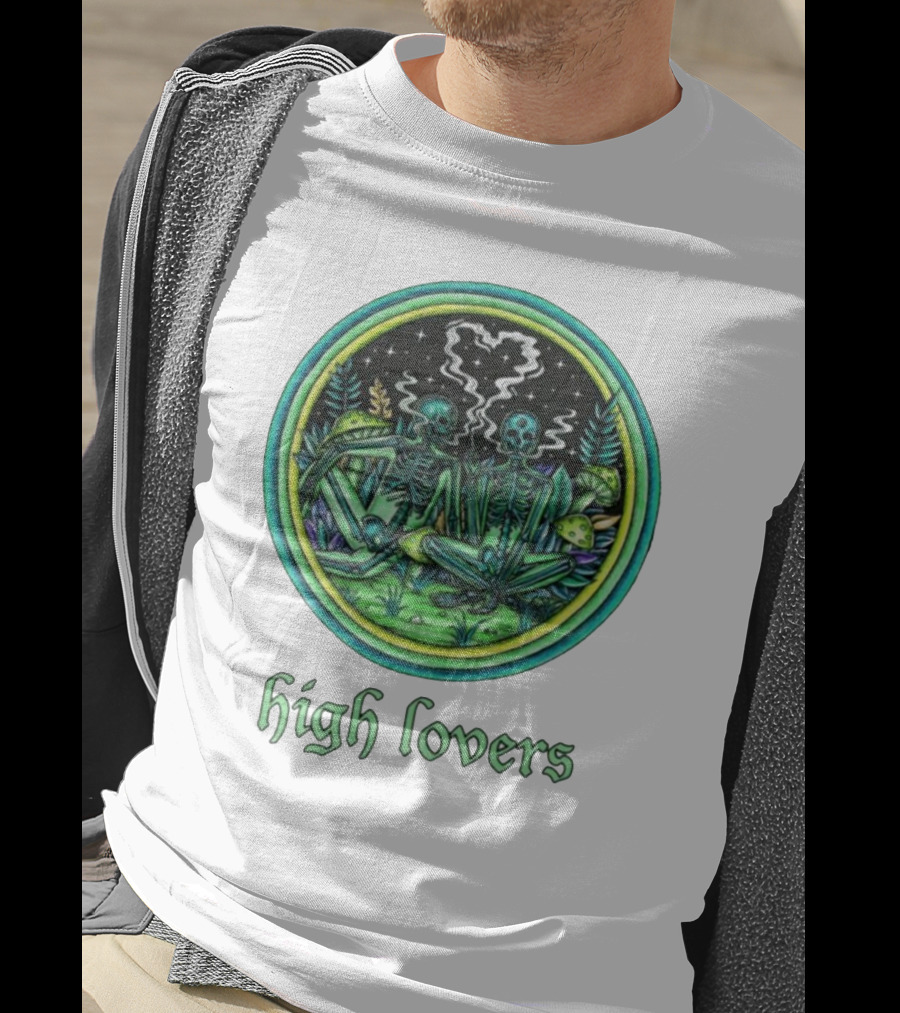 High Lovers Skeletons In Psychedelic Forest Scene T-Shirt