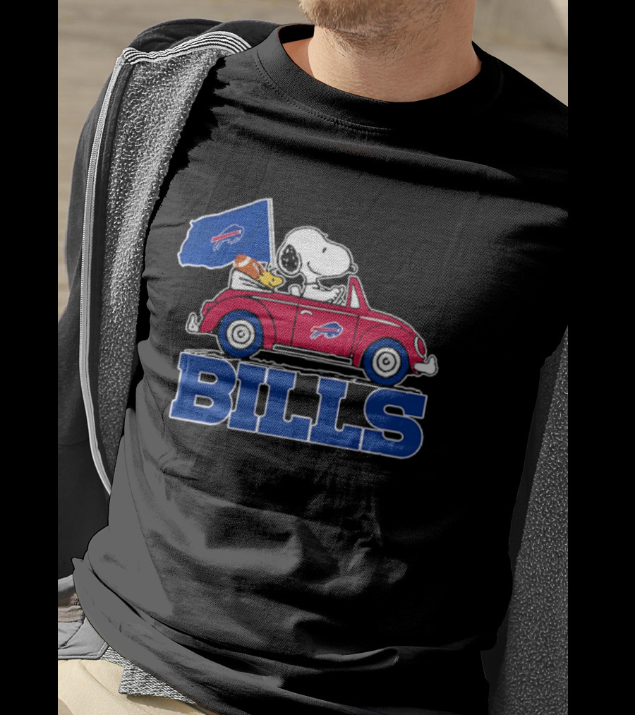 Snoopy Woodstock Driving Red Car Buffalo Bills Flag T-Shirt