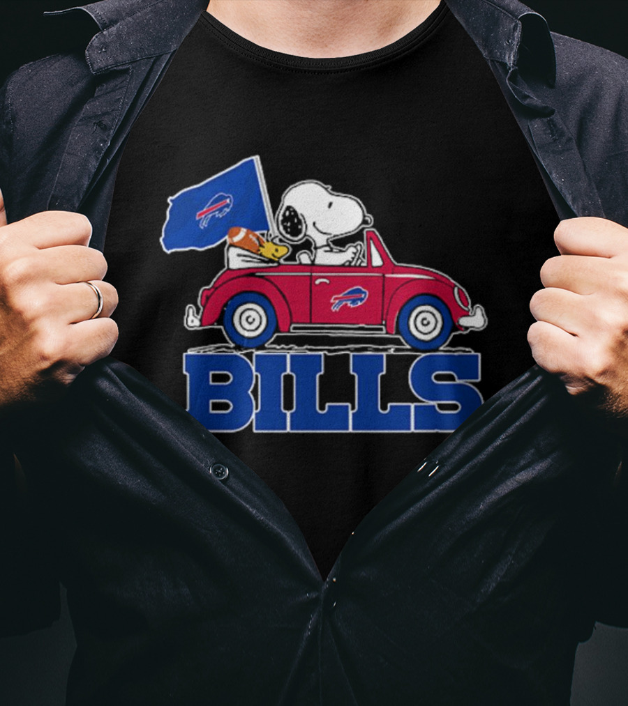 Snoopy Woodstock Driving Red Car Buffalo Bills Flag T-Shirt
