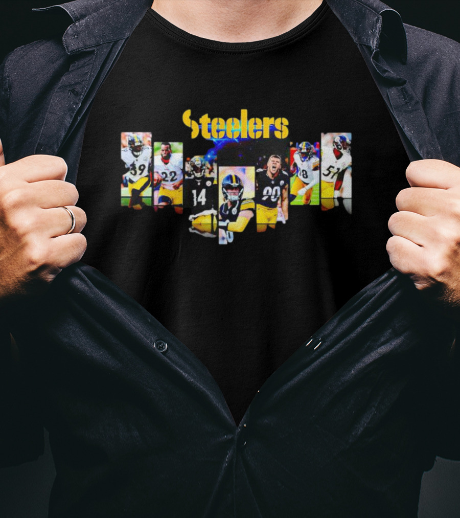 Steelers Legendary Players Collage With Iconic Team Colors And Dynamic Football Poses T-Shirt