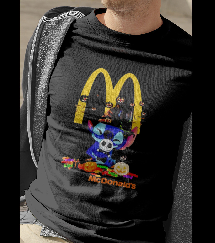 Stitch Hugging Jack Skellington With McDonald’s Halloween Pumpkins And Candy T-Shirt