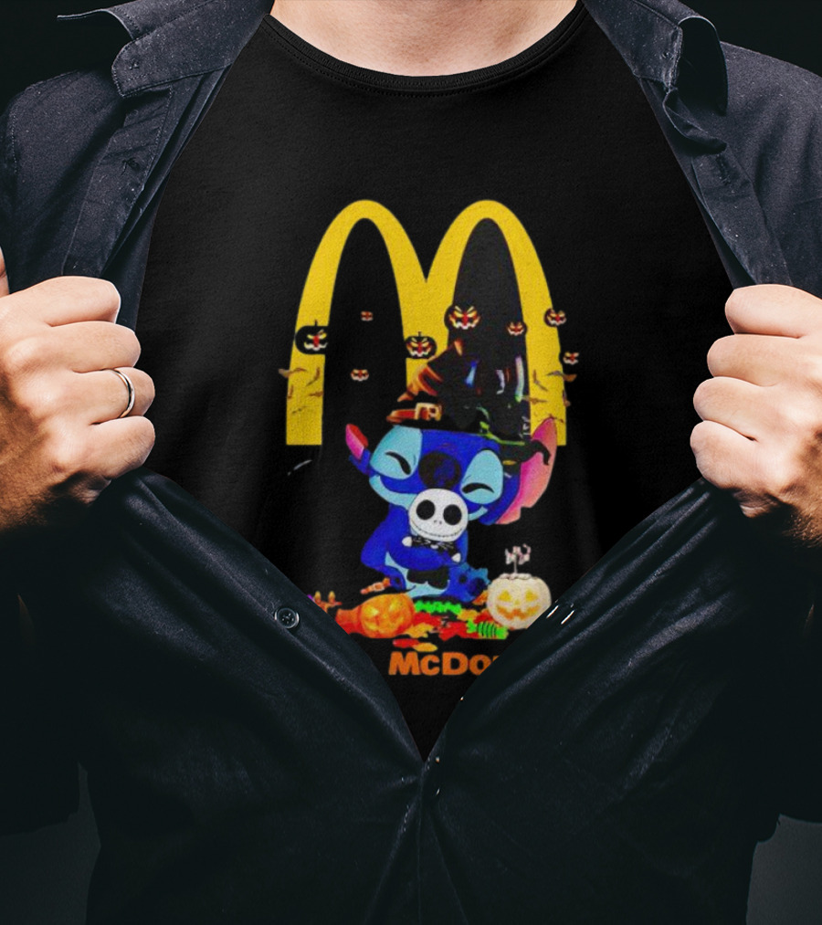 Stitch Hugging Jack Skellington With McDonald’s Halloween Pumpkins And Candy T-Shirt