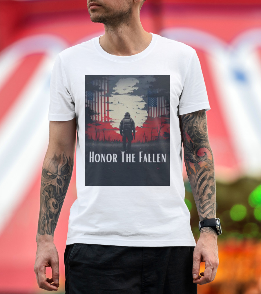Honor the Fallen Soldier with American Flag Background T-Shirt