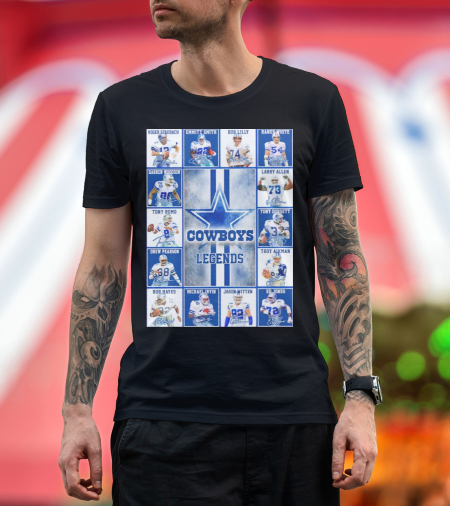 Cowboys Legends Emmitt Smith Troy Aikman Michael Irvin Tony Romo Randy White Larry Allen Tony Dorsett Star Signatures T-Shirt