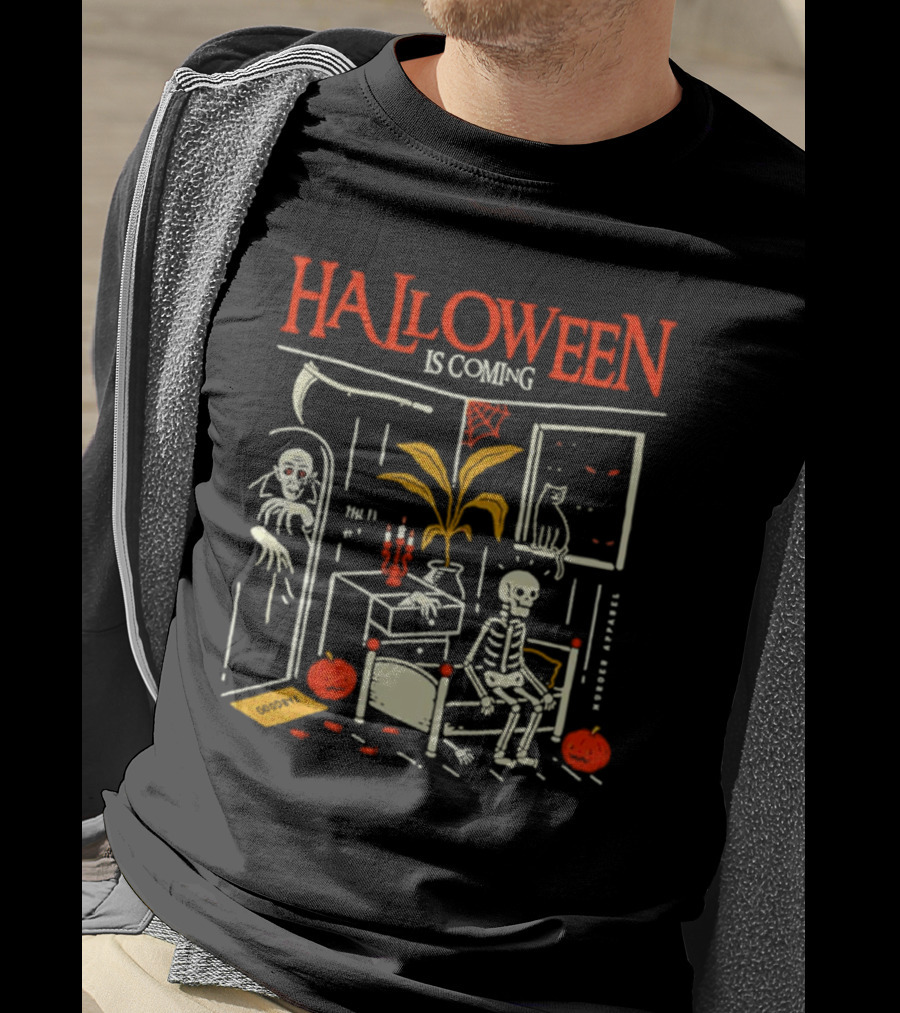 Halloween Is Coming Skeleton With Ghost And Pumpkins In Spooky Room T-Shirt