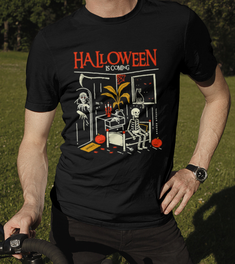 Halloween Is Coming Skeleton With Ghost And Pumpkins In Spooky Room T-Shirt