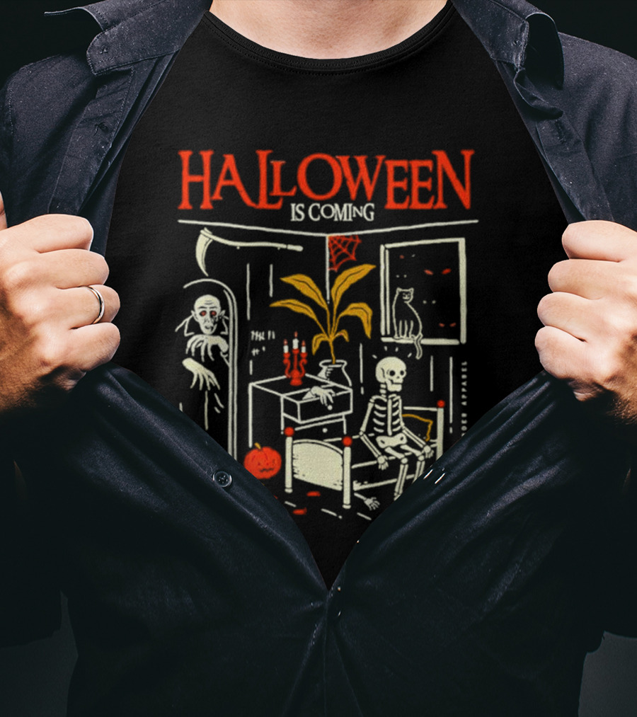 Halloween Is Coming Skeleton With Ghost And Pumpkins In Spooky Room T-Shirt