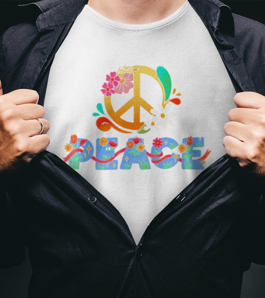 Peace Sign With Flower And Colorful Floral Lettering For International Day Of Peace T-Shirt