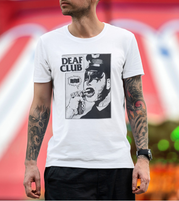 Premium T-Shirt: Three One G Deaf Club Comic-Style Image with Makeup and Microphone T-Shirt Three One G Deaf Club Comic-Style Image with Makeup and Microphone T-Shirt