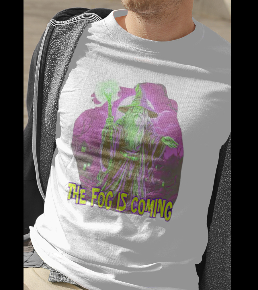 The Fog Is Coming Wizard With Green Staff And Purple Background T-Shirt
