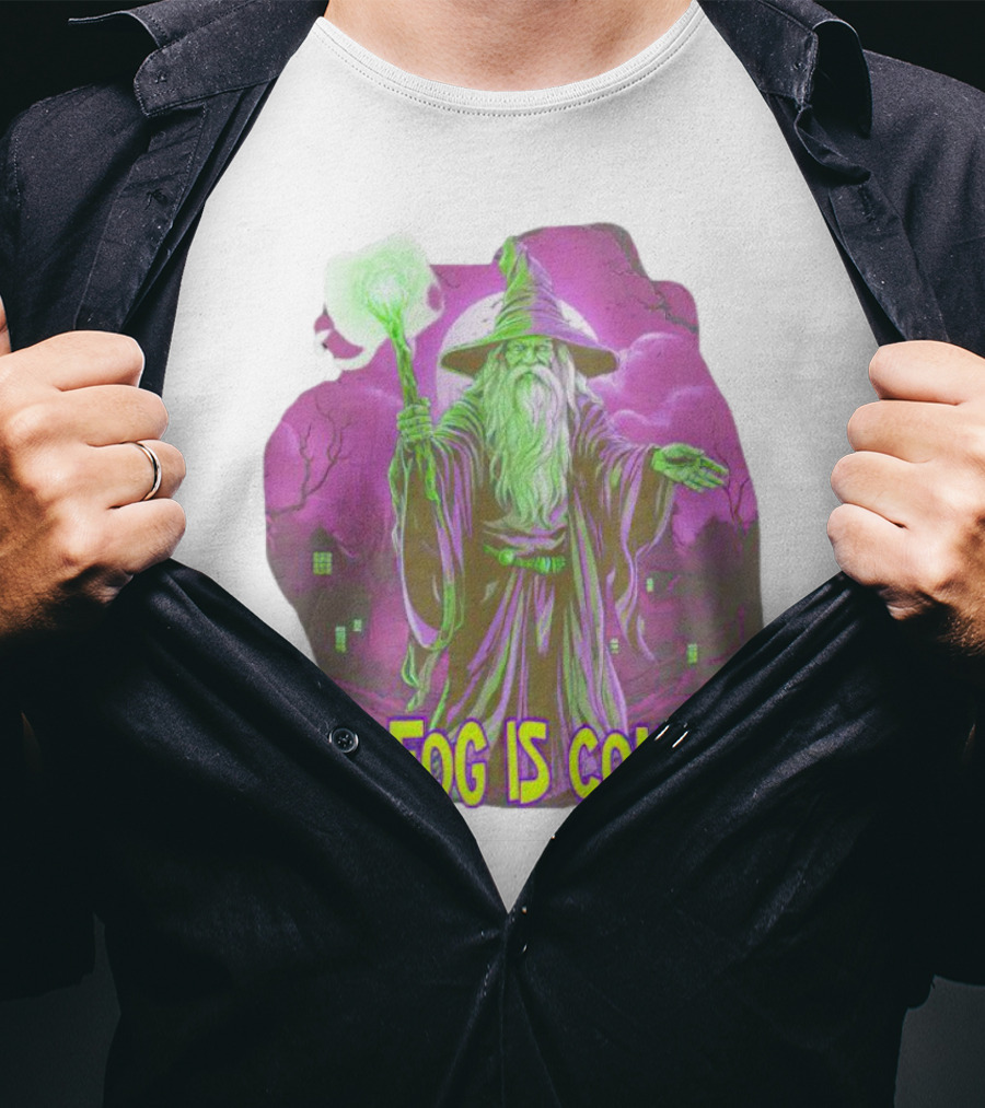 The Fog Is Coming Wizard With Green Staff And Purple Background T-Shirt