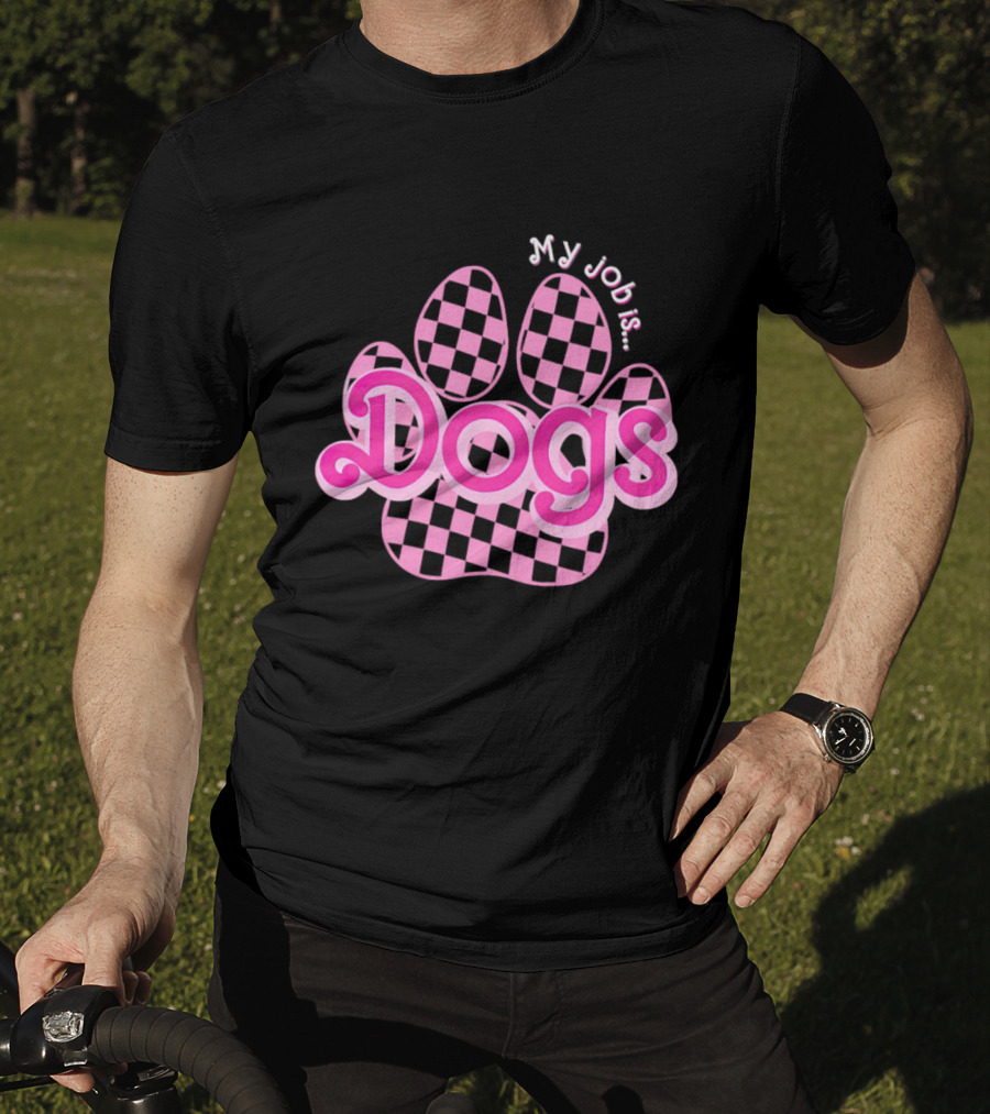 Barbie My Job Is Dogs Pink Checkered Paw Prints T-Shirt
