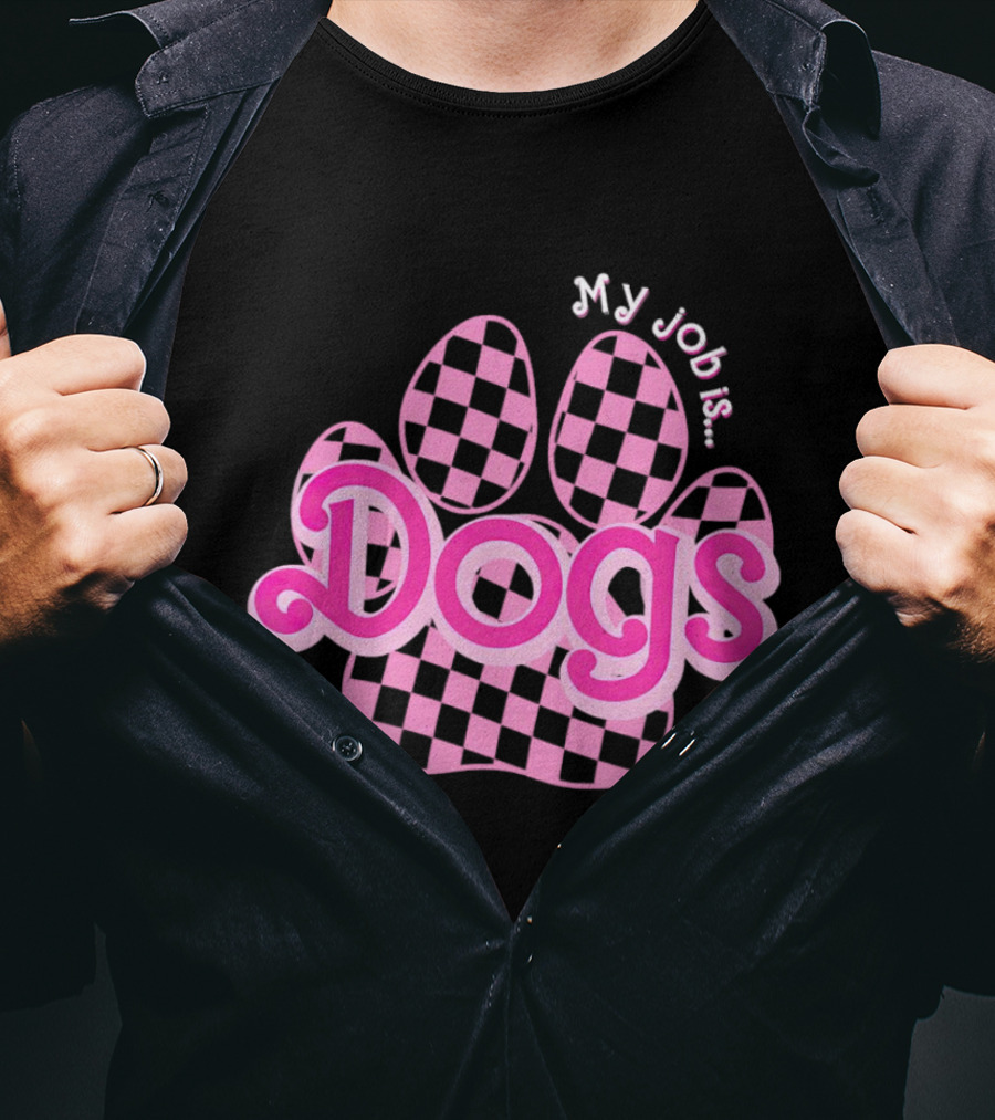 Barbie My Job Is Dogs Pink Checkered Paw Prints T-Shirt
