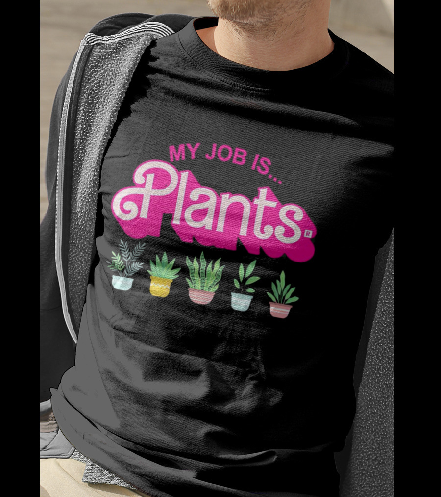 Barbie Plants My Job Is Plants Pink Logo With Potted Greenery T-Shirt