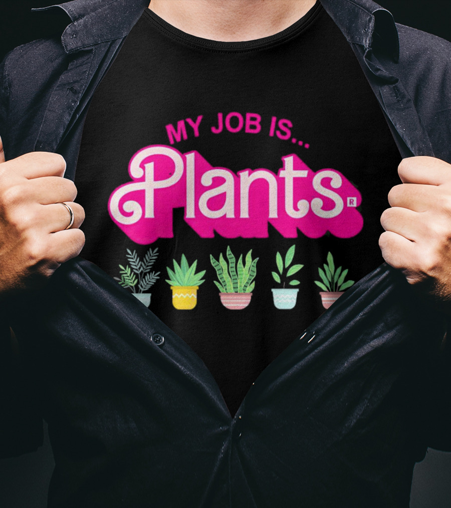 Barbie Plants My Job Is Plants Pink Logo With Potted Greenery T-Shirt
