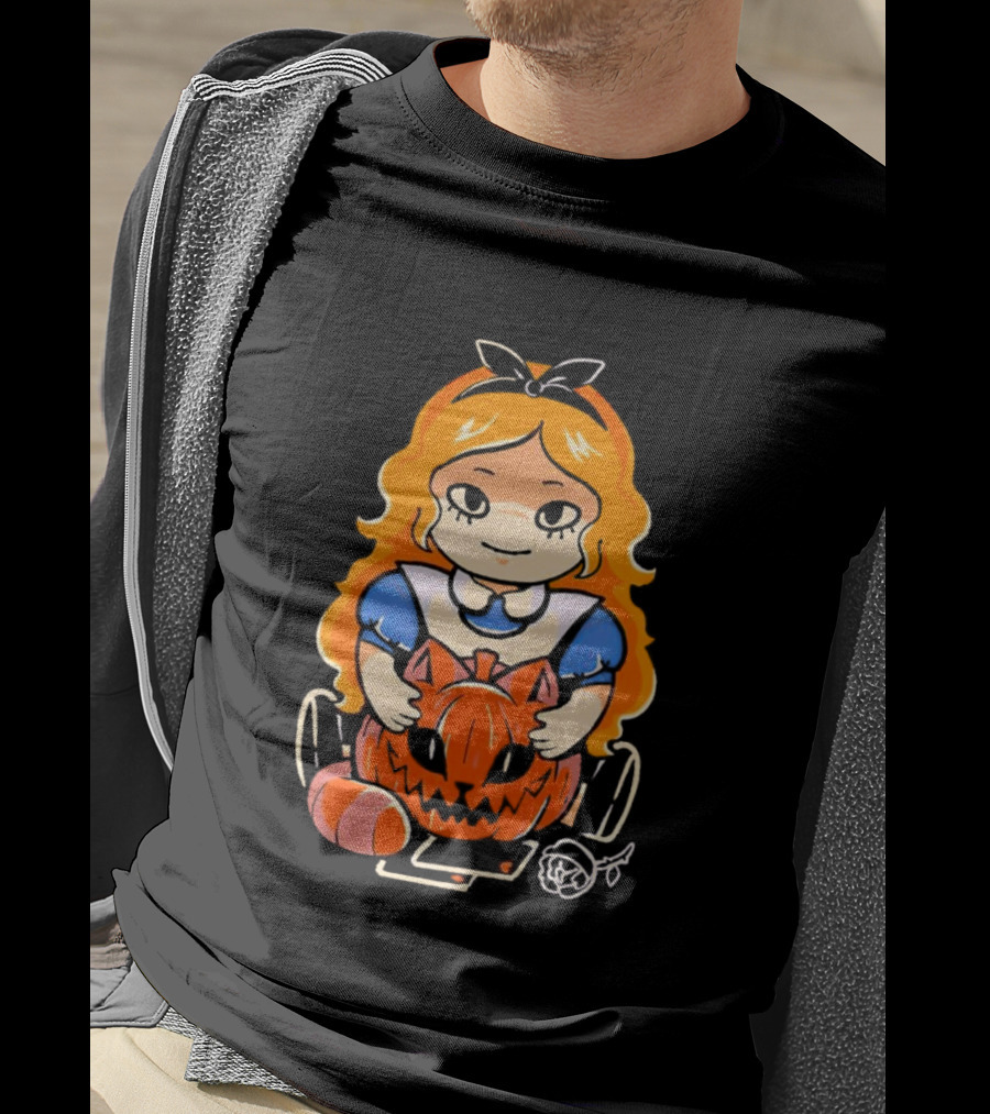 Chibi Alice Wonderland Halloween With Pumpkin And Rose T-Shirt