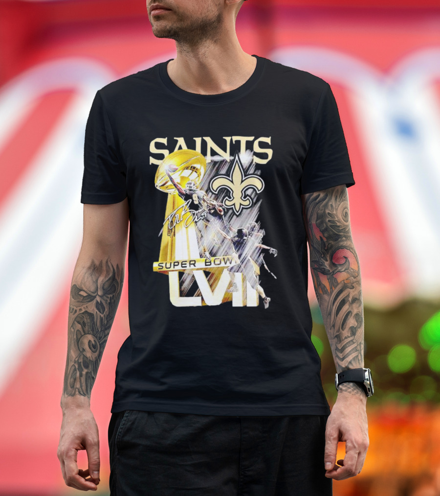 Saints Drew Brees Super Bowl XLIV Signature Fleur-de-Lis Trophy Moment T-Shirt