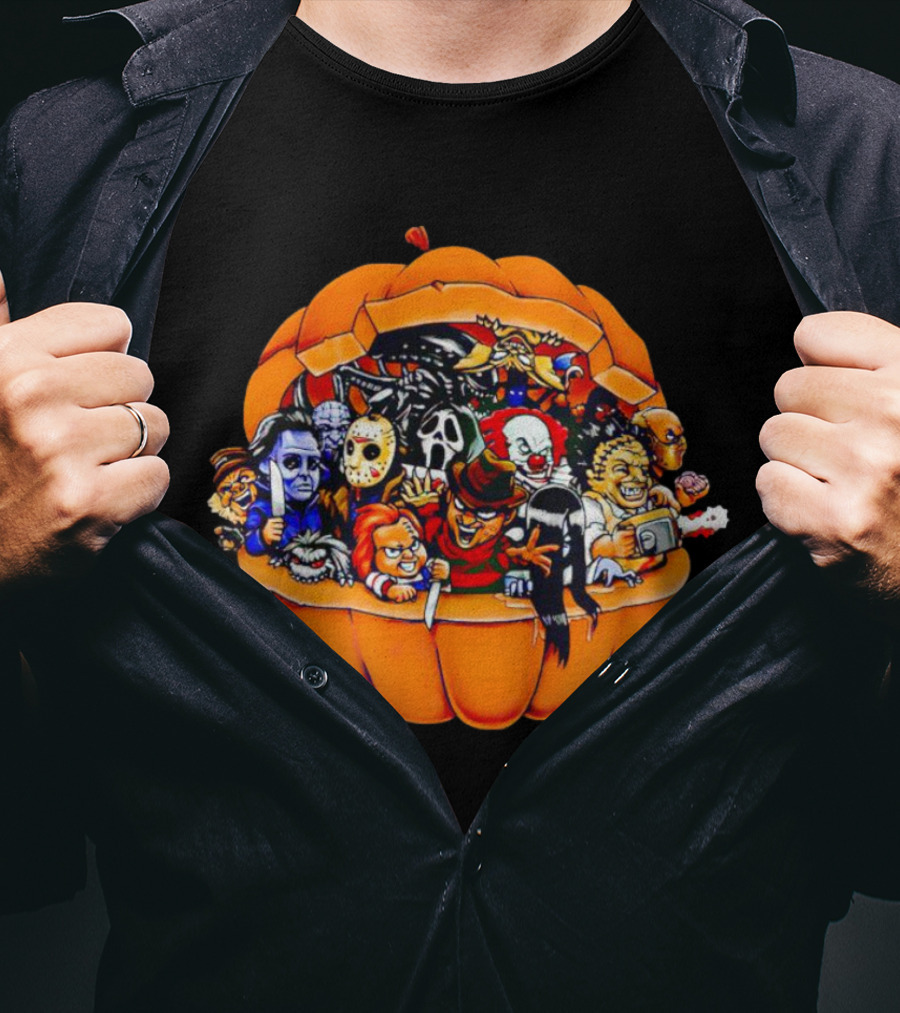 Horror Movie Characters Inside Pumpkin Halloween Icons T-Shirt
