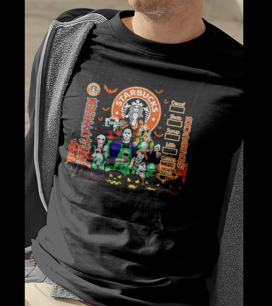 Starbucks Halloween Horror Movie Characters With Pumpkins And Decaf Shots Syrup Milk Custom Drink T-Shirt