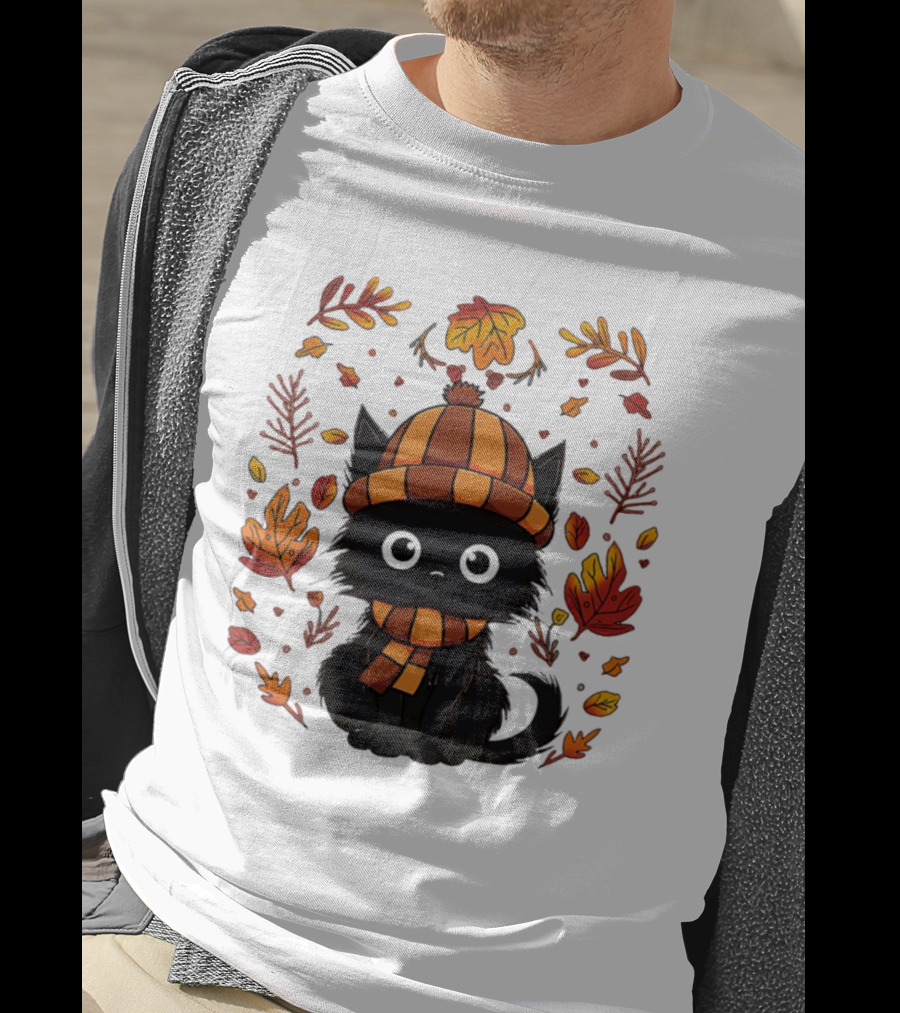 Black Cat Autumn Leaves Cozy Fall T-Shirt