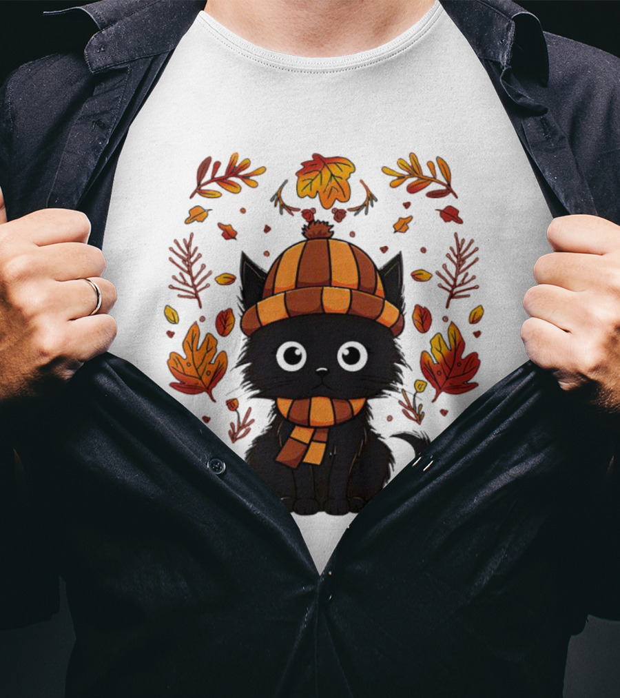 Black Cat Autumn Leaves Cozy Fall T-Shirt