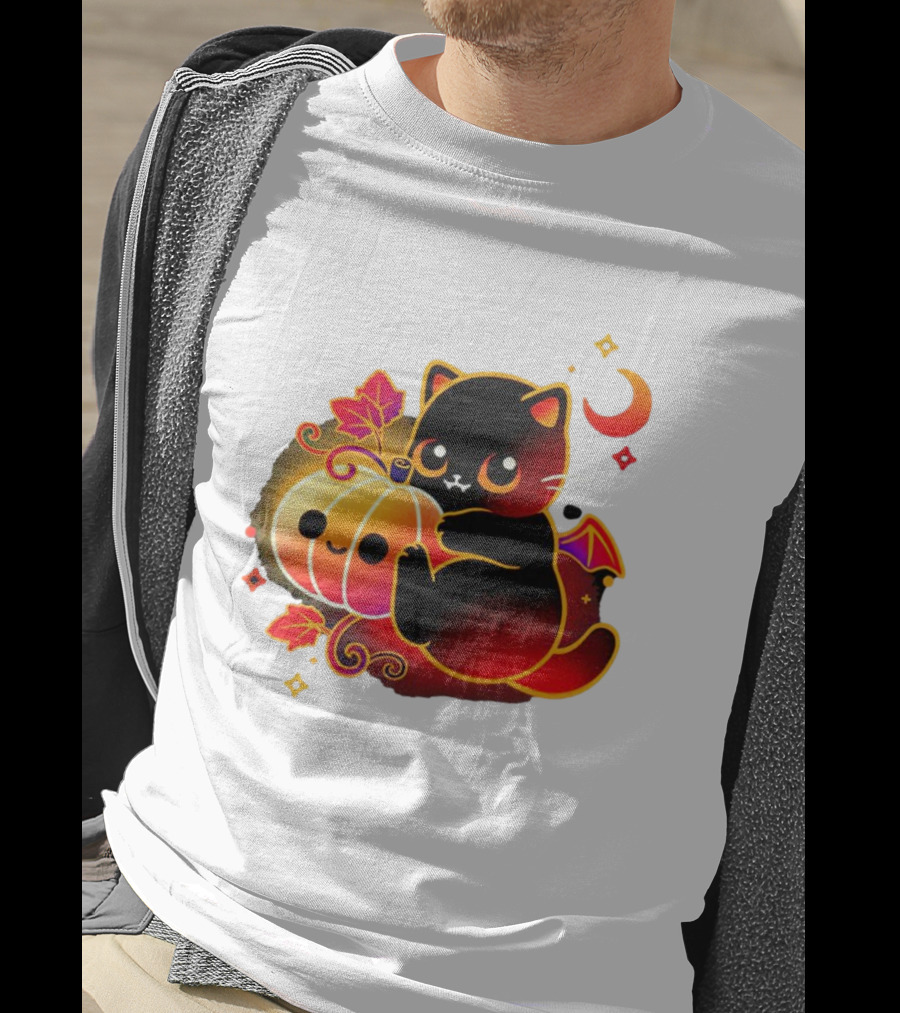 Cat Demon Halloween Moon Pumpkin Leaves Bat Wings T-Shirt