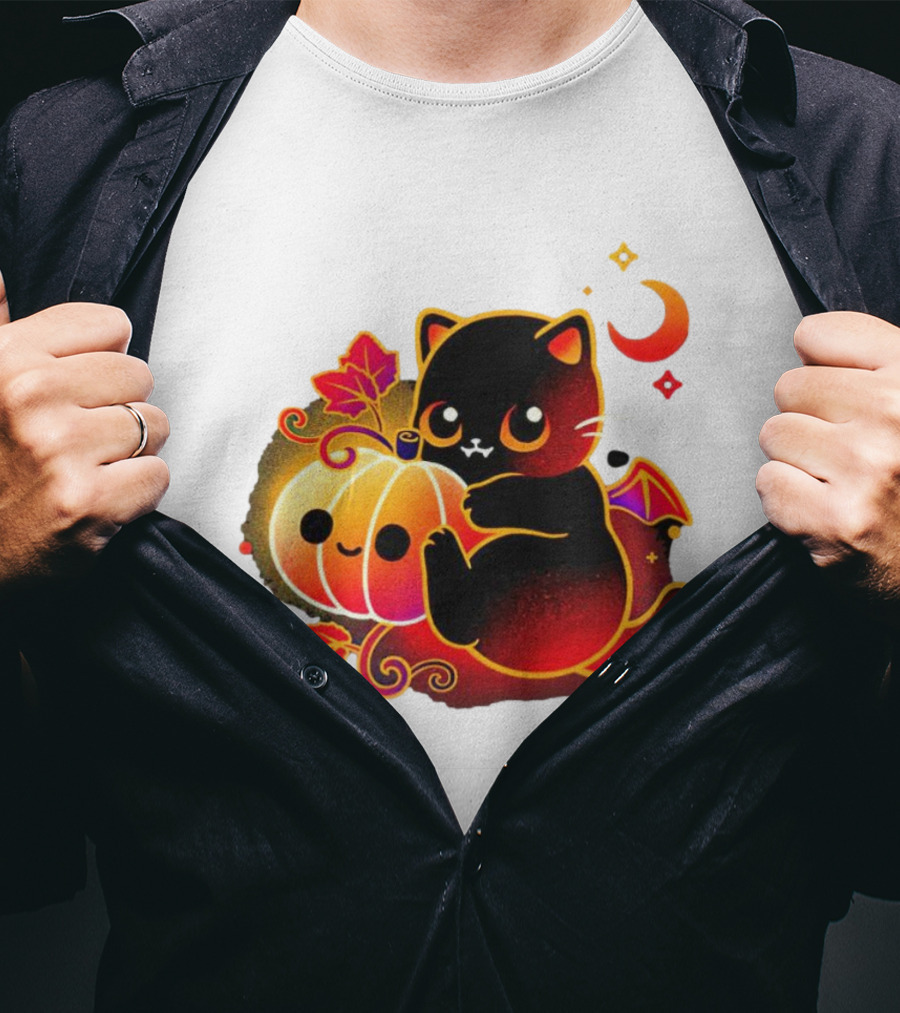 Cat Demon Halloween Moon Pumpkin Leaves Bat Wings T-Shirt