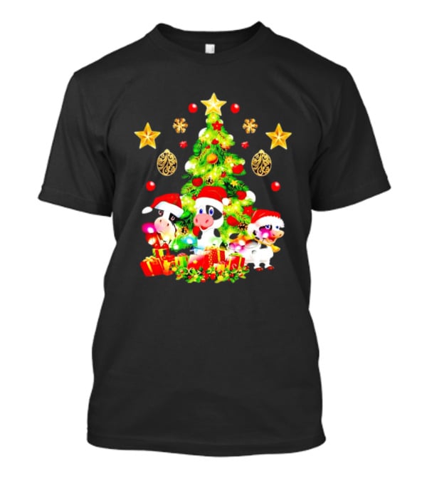 Dairy Cow With Christmas Tree Festive Santa Hats And Presents T-Shirt