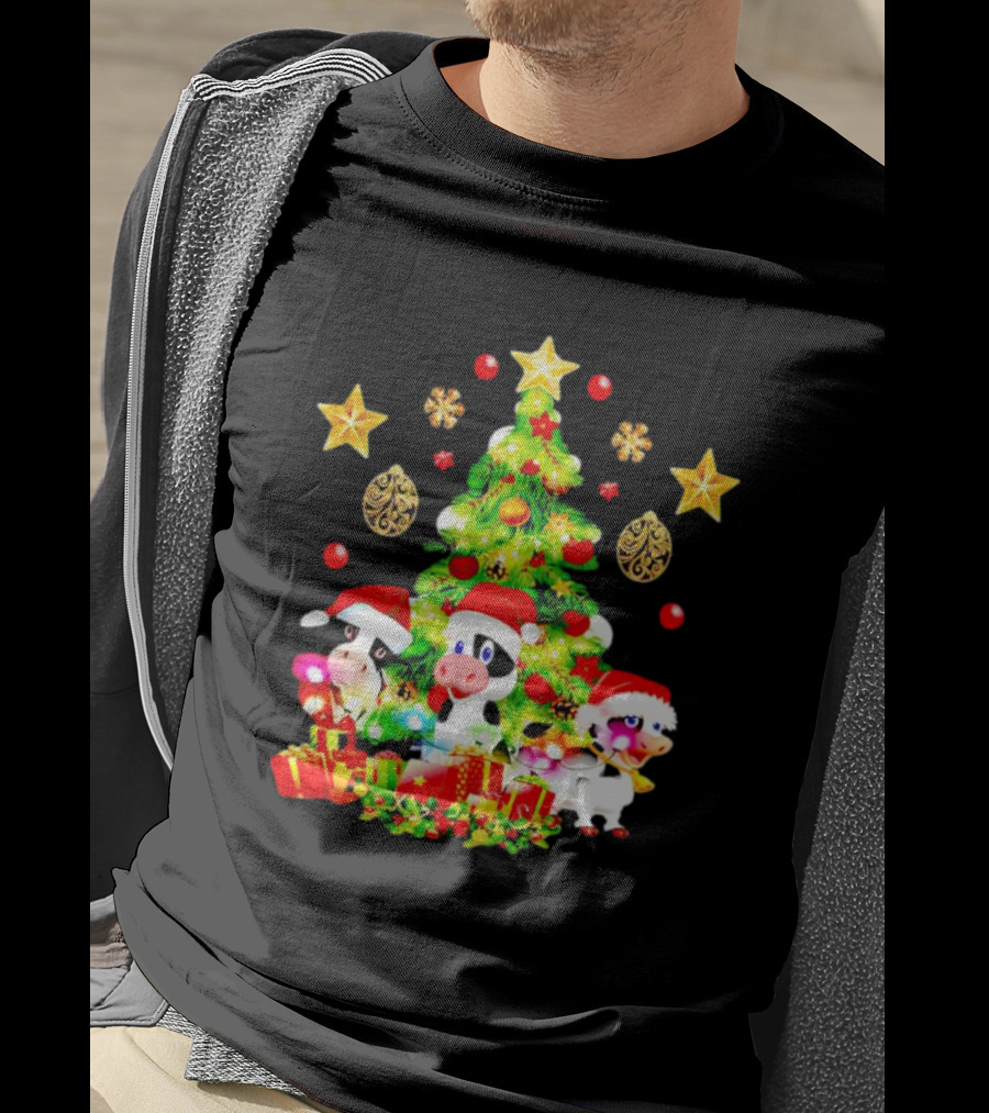 Dairy Cow With Christmas Tree Festive Santa Hats And Presents T-Shirt