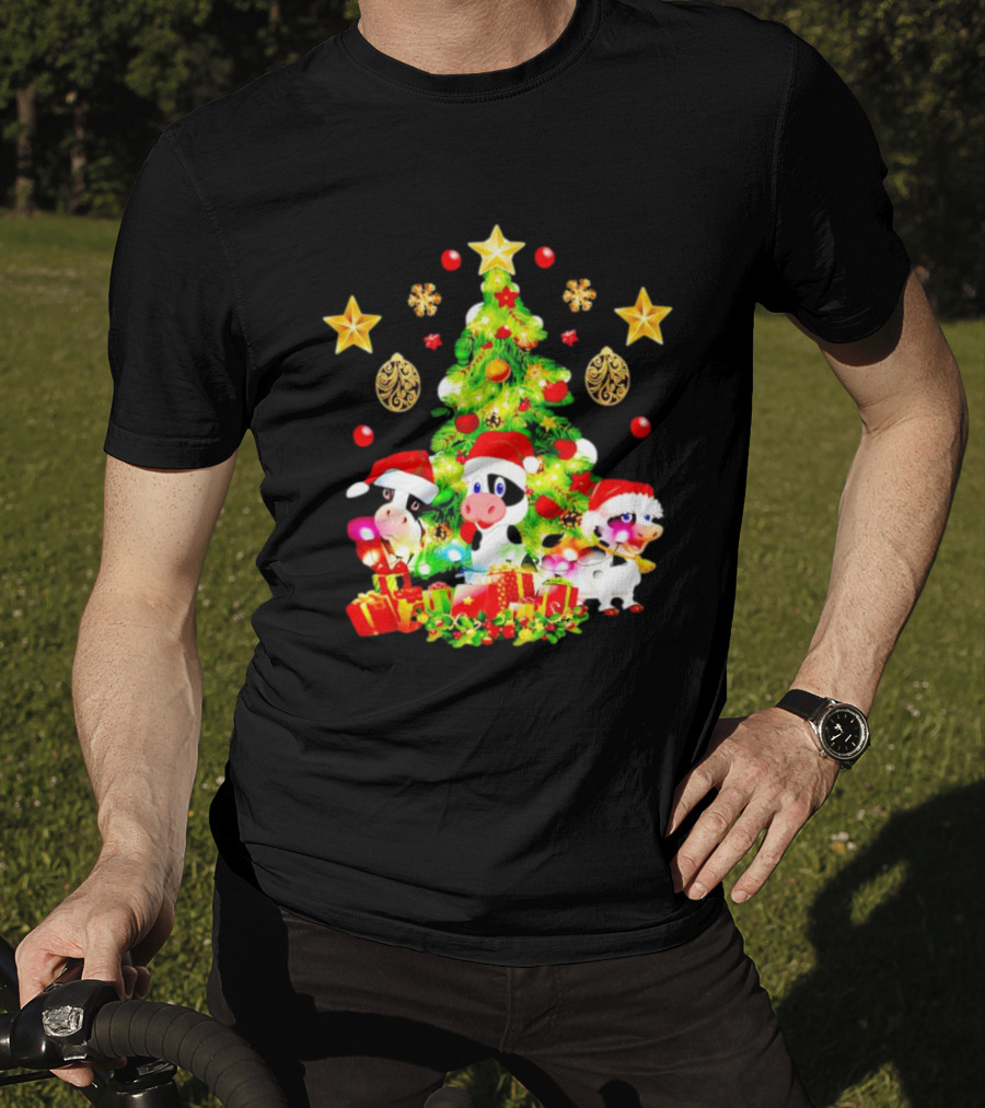 Dairy Cow With Christmas Tree Festive Santa Hats And Presents T-Shirt