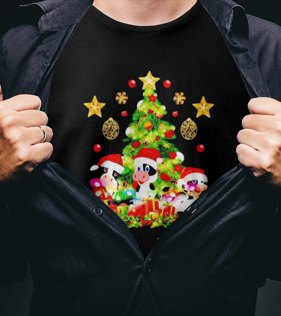 Dairy Cow With Christmas Tree Festive Santa Hats And Presents T-Shirt