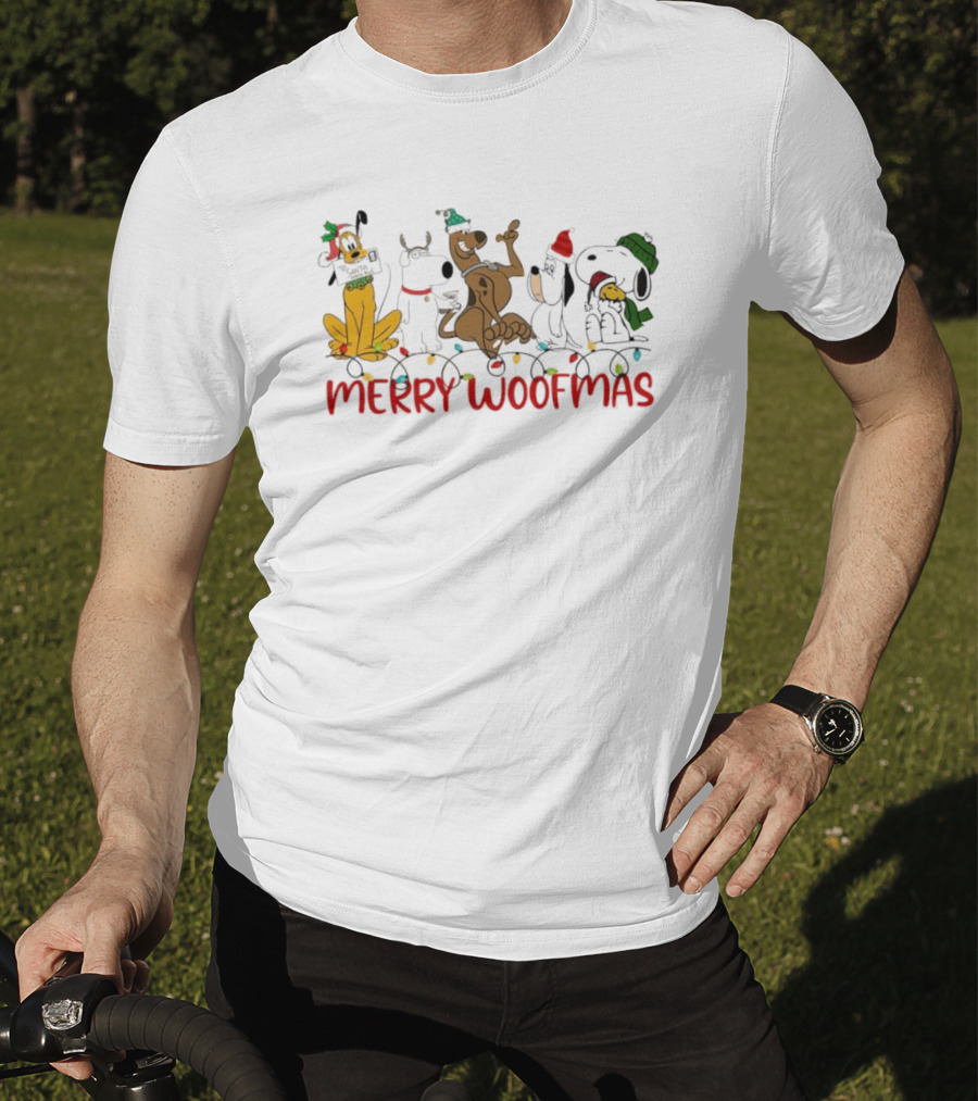 Disney Dogs Merry Woofmas Holiday Celebration With Christmas Lights And Hats T-Shirt