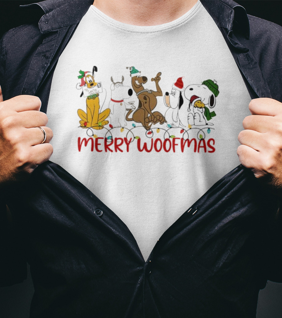 Disney Dogs Merry Woofmas Holiday Celebration With Christmas Lights And Hats T-Shirt