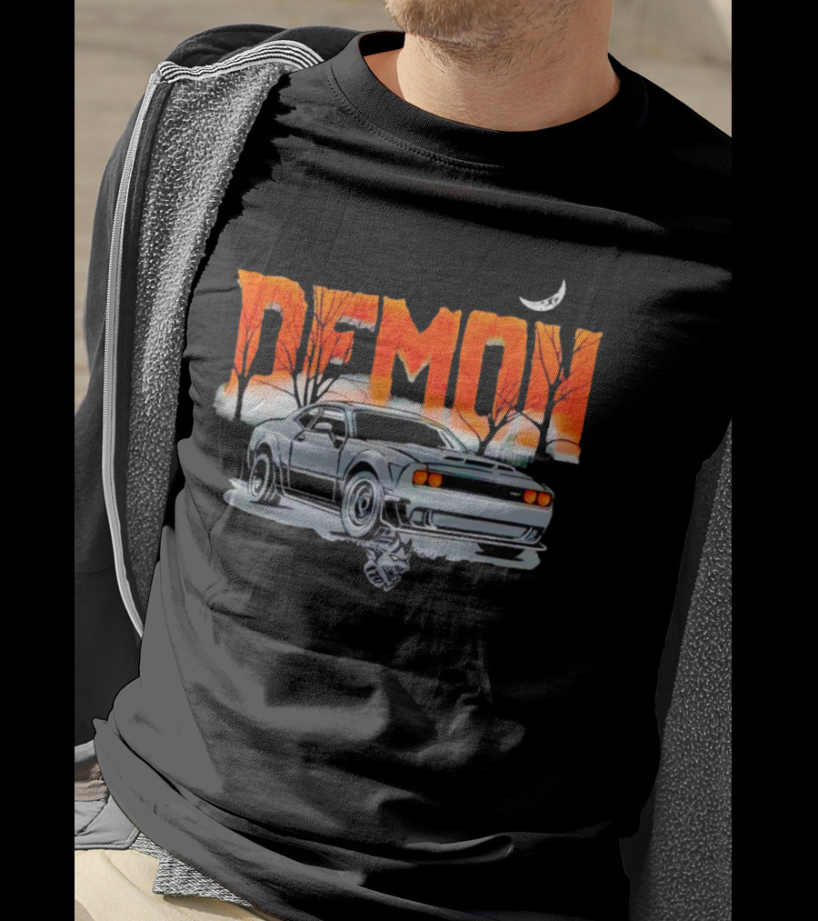 Demon Dodge Challenger SRT Halloween Moon Scene T-Shirt