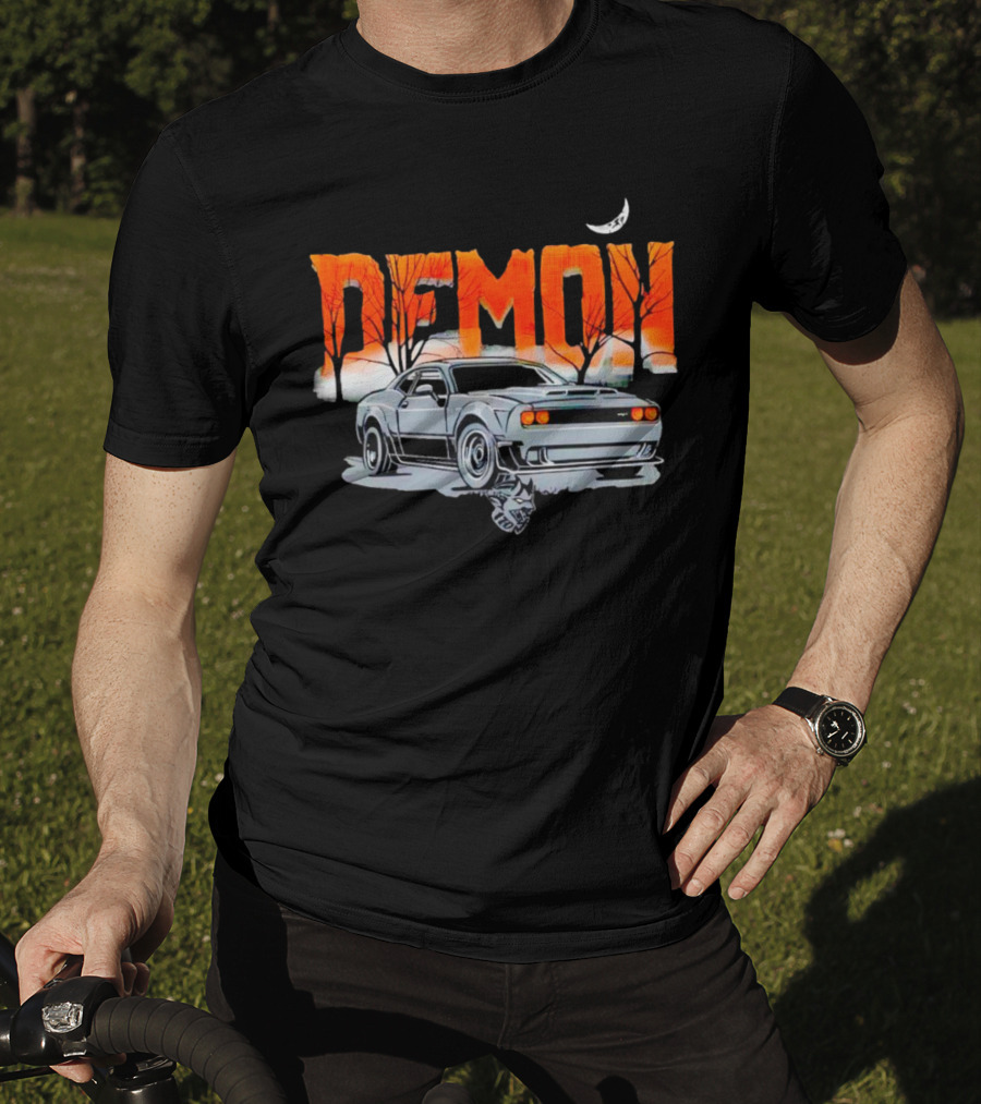 Demon Dodge Challenger SRT Halloween Moon Scene T-Shirt