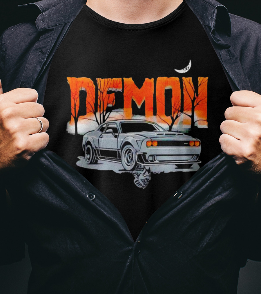 Demon Dodge Challenger SRT Halloween Moon Scene T-Shirt