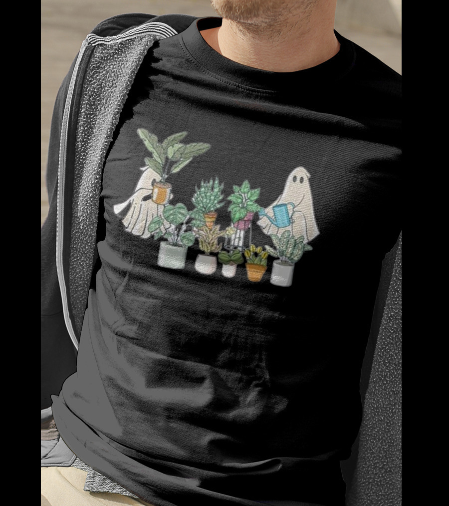 Ghost Plant Lady Halloween With Plant Pots T-Shirt