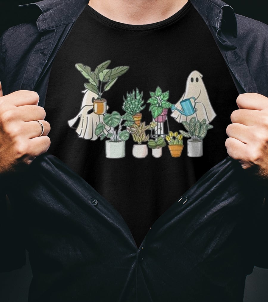 Ghost Plant Lady Halloween With Plant Pots T-Shirt