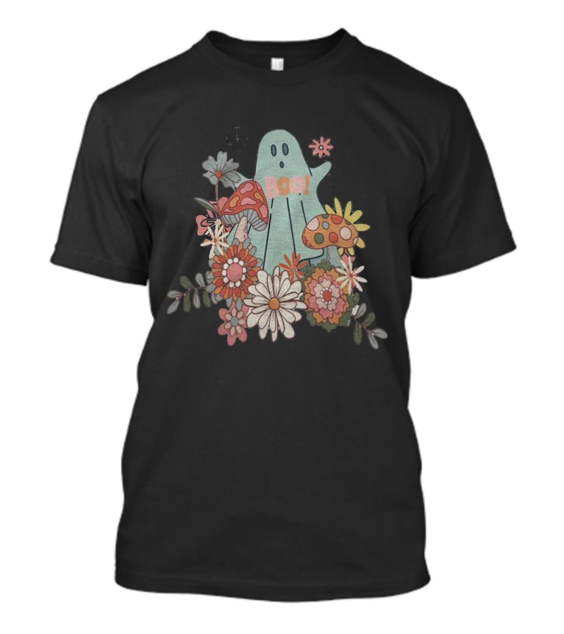 Hippie Boo Ghost With Flowers And Colorful Mushrooms T-Shirt