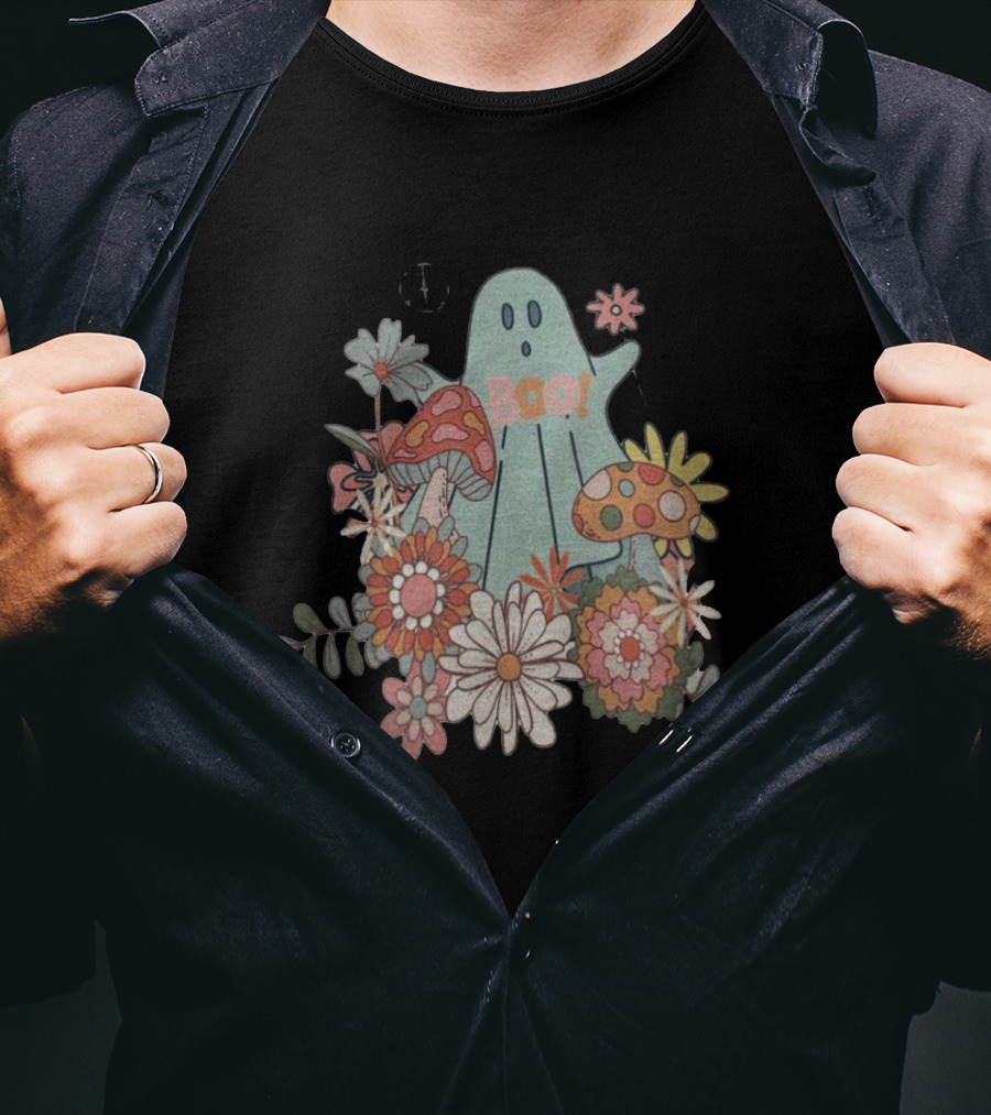 Hippie Boo Ghost With Flowers And Colorful Mushrooms T-Shirt
