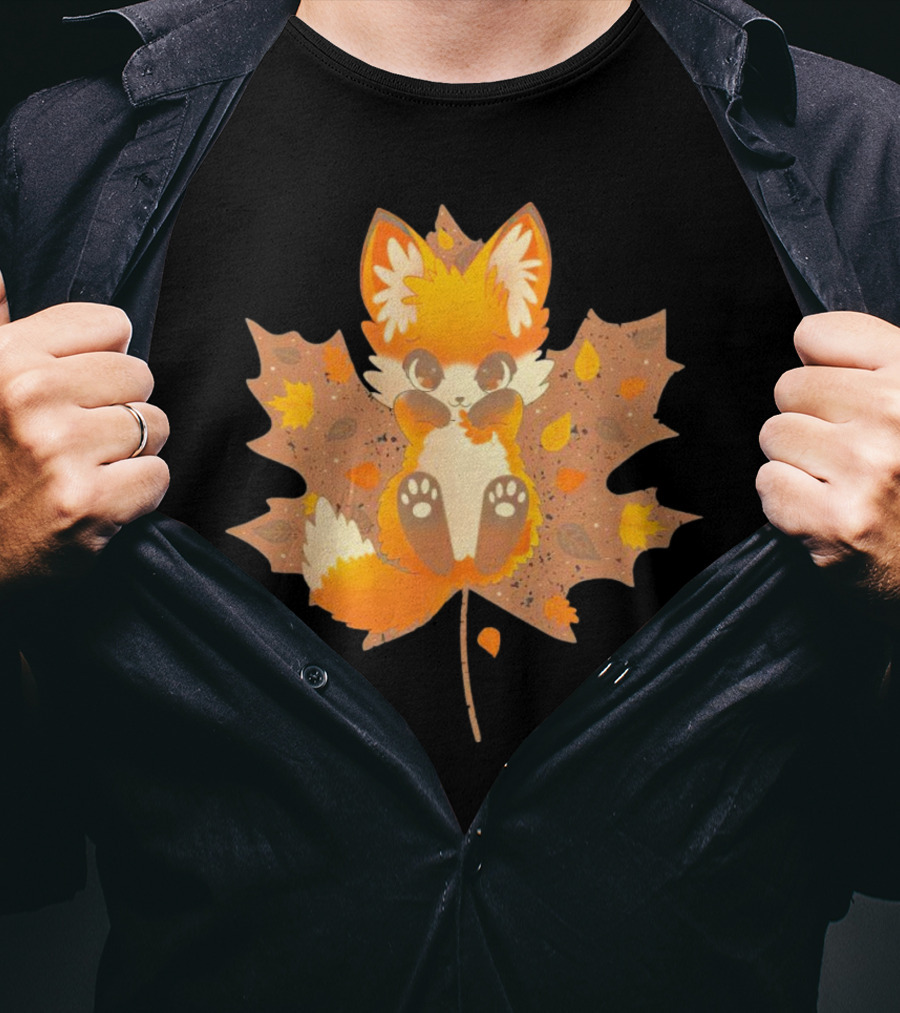 Kitsune Autumn Fox With Maple Leaf And Fall Colors T-Shirt