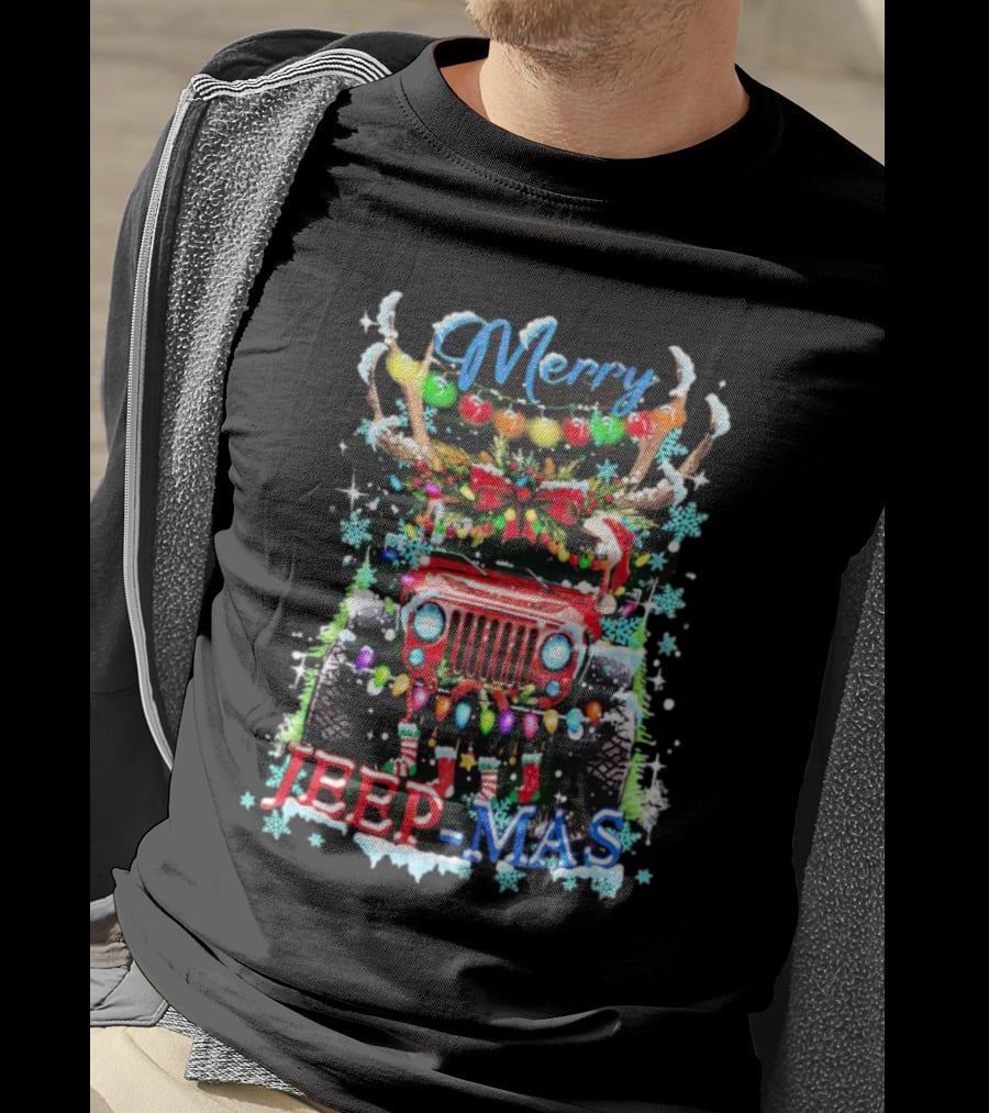 Merry Jeep Mas Reindeer Lights Snowflakes Christmas Decorations T-Shirt